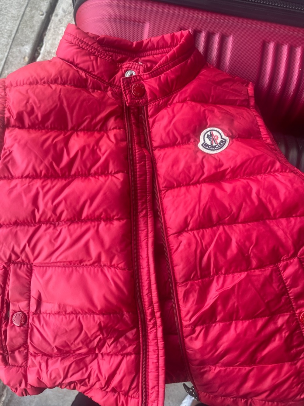 Moncler Red Quilted Down Vest with Logo Patch